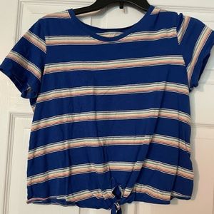 Blue with colored stripe crop top.